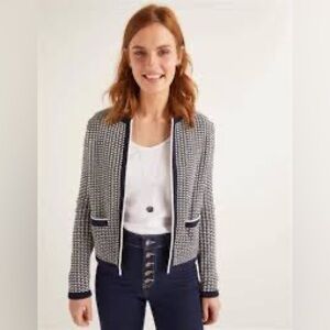 Boden Womens Navy/White Cotton Cranbrook Cardigan Welt Pockets Open Front SZ 12
